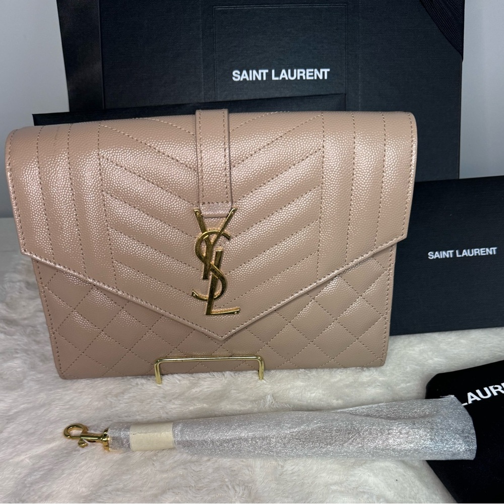 Authentic YSL envelope flap pouch dark beige